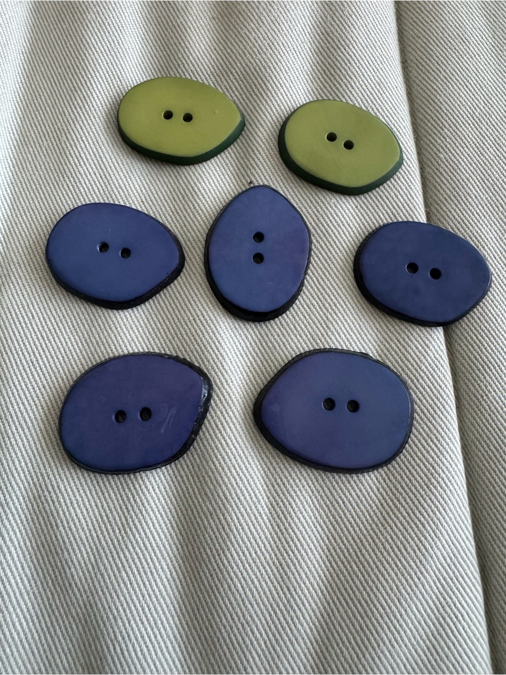 Oval Bamboo Two-Hole Buttons in Blue and Green - Set of 7